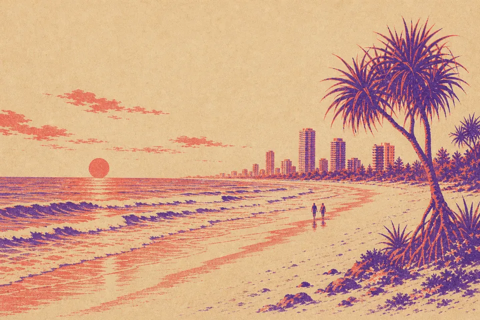 Illustration of a wide surf beach at sunrise with towers along the shore