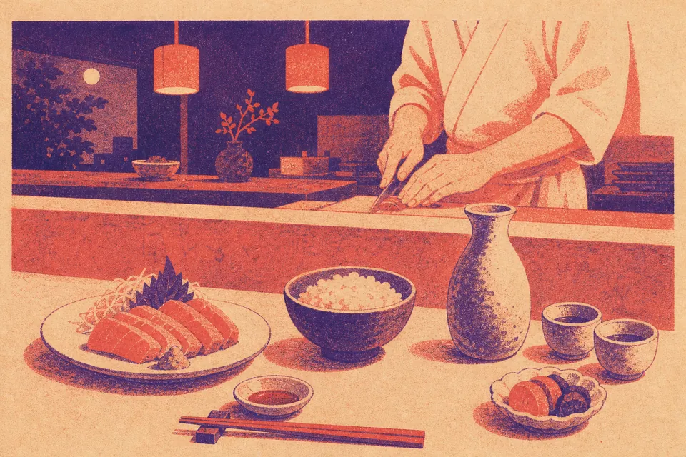 Illustration of a Japanese dining counter with small plates and a sake flask