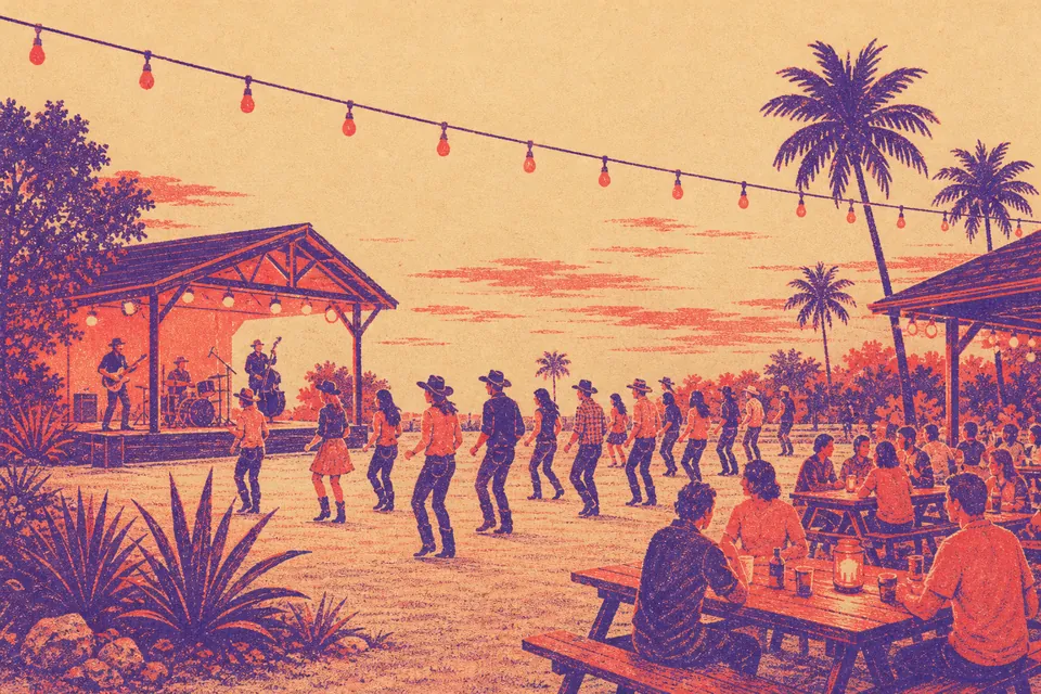 Illustration of people line dancing on a lawn under festoon lights at dusk