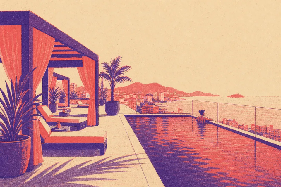 Illustration of a hotel pool deck with a glass edge, cabanas and loungers