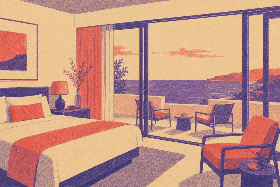 Illustration of a hotel room with a king bed and a balcony facing the ocean