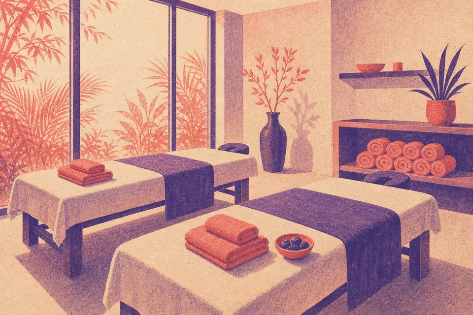 Illustration of a spa treatment room for two with folded towels and leafy light