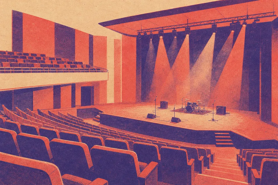 Illustration of an empty theatre with a thrust stage under coloured lights