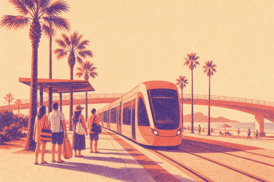 Illustration of a light-rail tram on a palm-lined boulevard at golden hour